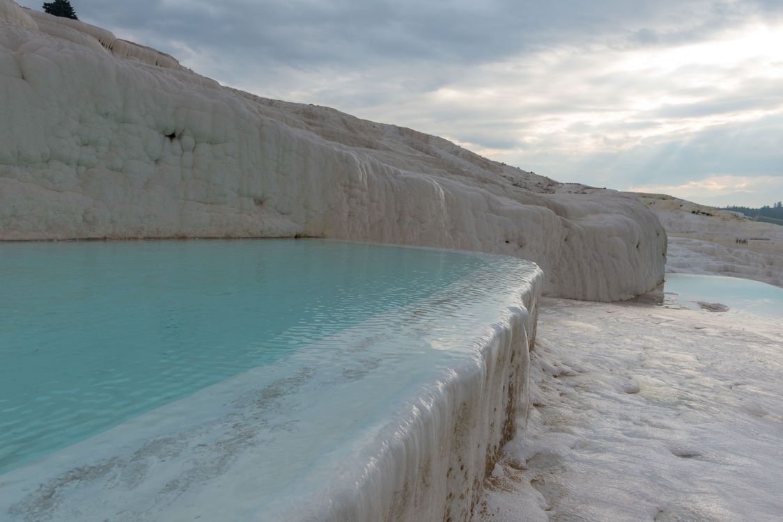 The white travertine terraces of Pamukkale in Turkey